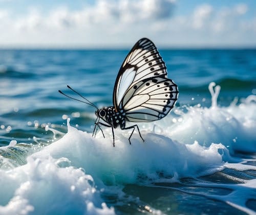 Mariposa sobre la espuma de una ola Mariposa intenta posarse sobre la espuma de una ola
