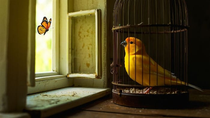 El pájaro en la jaula y la mariposa Pájaro enjaulado mira a mariposa que vuela libre